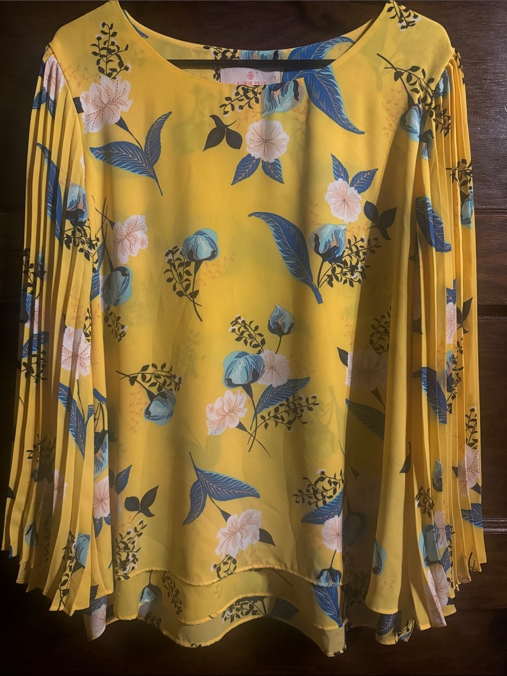 Laurie Felt Yellow Floral Pleated-Sleeve Blouse, Size L